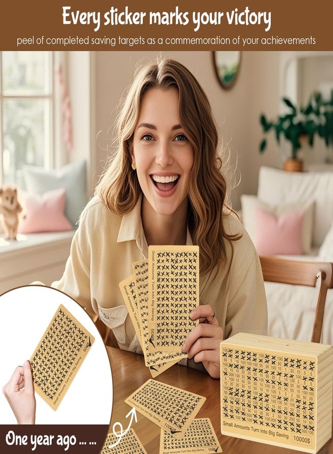 Bemaystar Money-Saving-Box: Natural Wood Savings Box, Large Savings Challenge Box with 8 Pre-Printed Targets and 2 Blank Targets $500 to $10000, Piggy-Bank for Kids Adults - Image 4